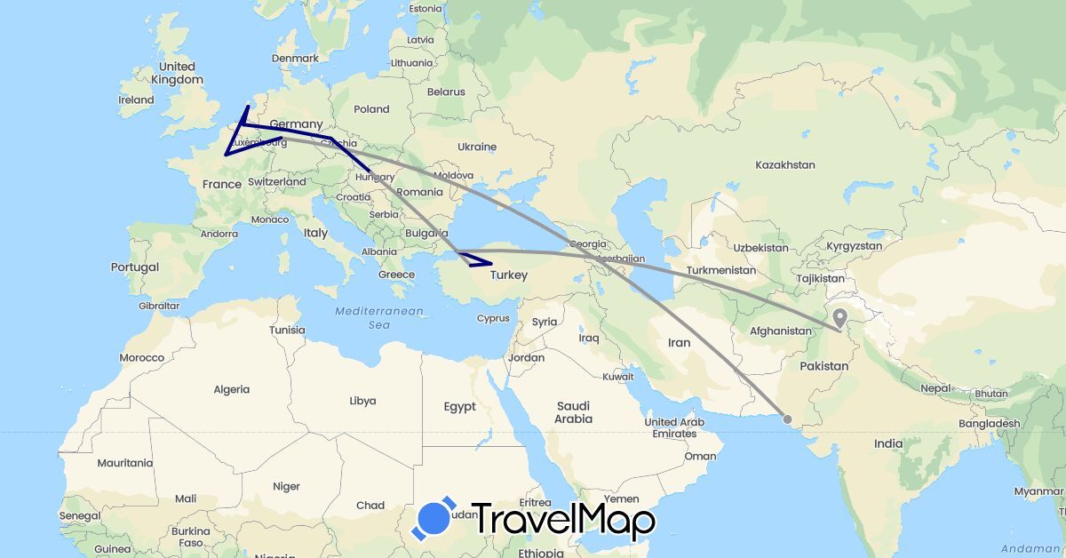 TravelMap itinerary: driving, plane in Belgium, Czech Republic, Germany, France, Hungary, Netherlands, Pakistan, Turkey (Asia, Europe)